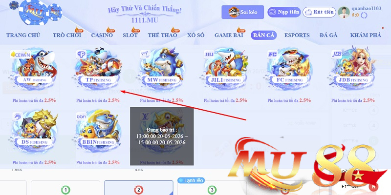 Sảnh TP Bắn Cá Mu88 - Game săn cá 3D, nhiều vũ khí 5 Tìm biểu tượng “TP” trong danh sách nhà phát hành